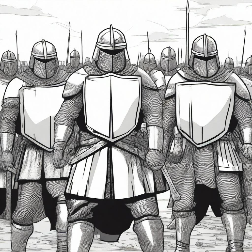 Create an illustration of armed medieval Baltic men-at-arms with their faces obscured in a black and white comic book style