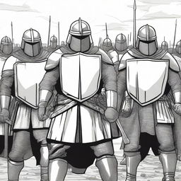 Create an illustration of armed medieval Baltic men-at-arms with their faces obscured in a black and white comic book style