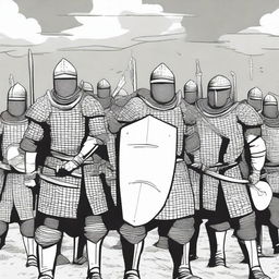 Create an illustration of armed medieval Baltic men-at-arms with their faces obscured in a black and white comic book style