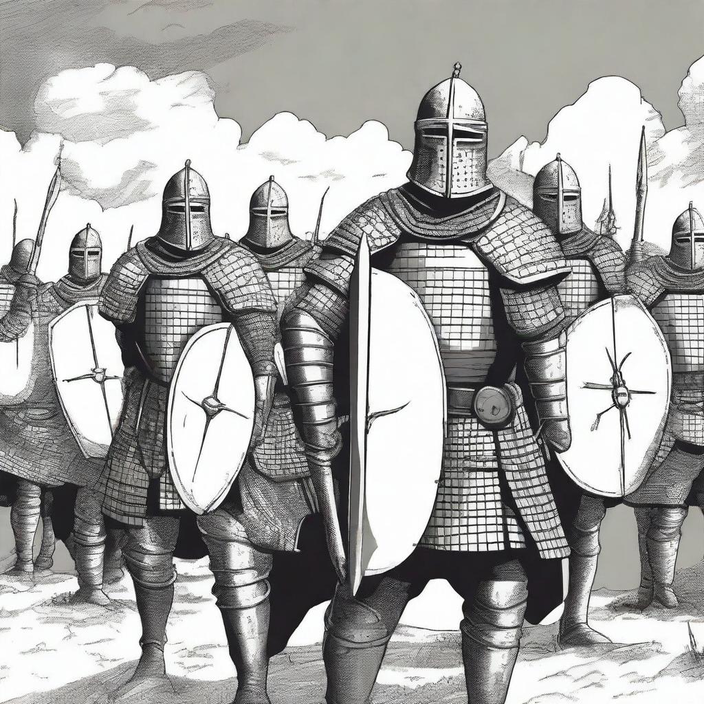 Create an illustration of armed medieval Baltic men-at-arms with their faces obscured in a black and white comic book style