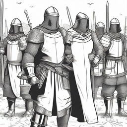 Create an illustration of armed medieval Baltic men-at-arms with their faces obscured in a black and white comic book style