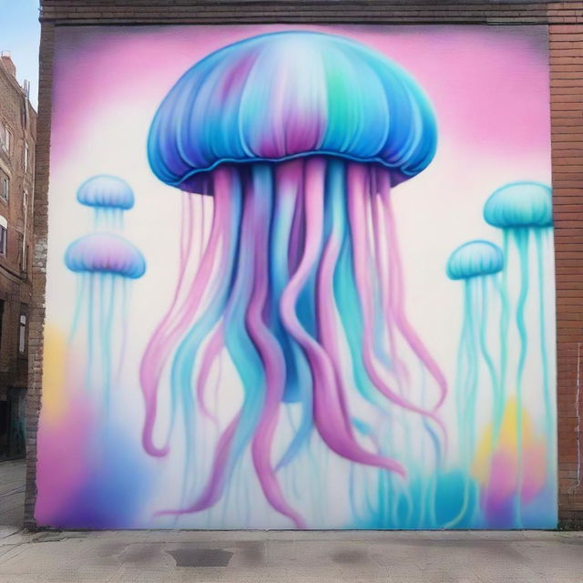 Create a street art scene featuring a dreamlike mural with soft pastel colors of a giant jellyfish