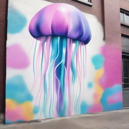 Create a street art scene featuring a dreamlike mural with soft pastel colors of a giant jellyfish