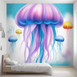 Create a street art scene featuring a dreamlike mural with soft pastel colors of a giant jellyfish