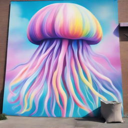 Create a street art scene featuring a dreamlike mural with soft pastel colors of a giant jellyfish