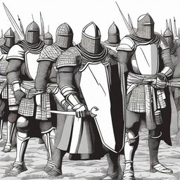 Create an illustration of armed medieval men-at-arms with their faces obscured in a black and white comic book style