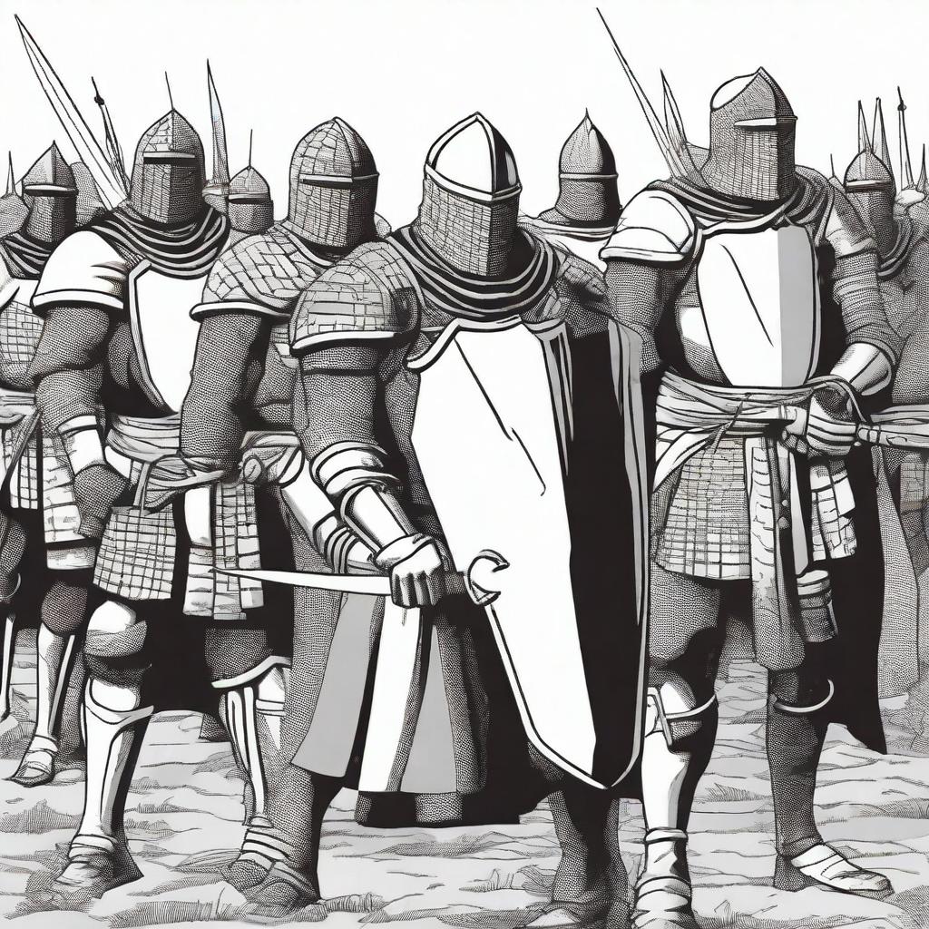 Create an illustration of armed medieval men-at-arms with their faces obscured in a black and white comic book style