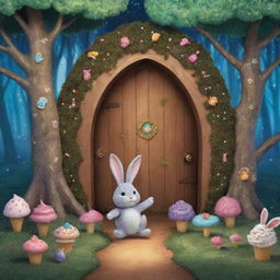 Create an image of a magical forest where Sparkle the bunny stands before a hidden door. Behind it, illustrate a whimsical world with walking trees and flying cupcakes, signalling adventures.