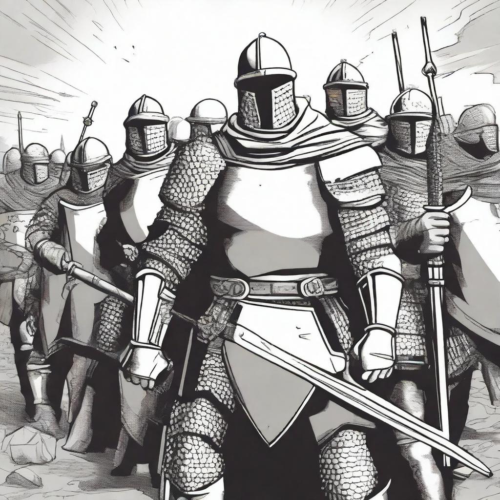 Create an illustration of armed medieval men-at-arms with their faces obscured in a black and white comic book style