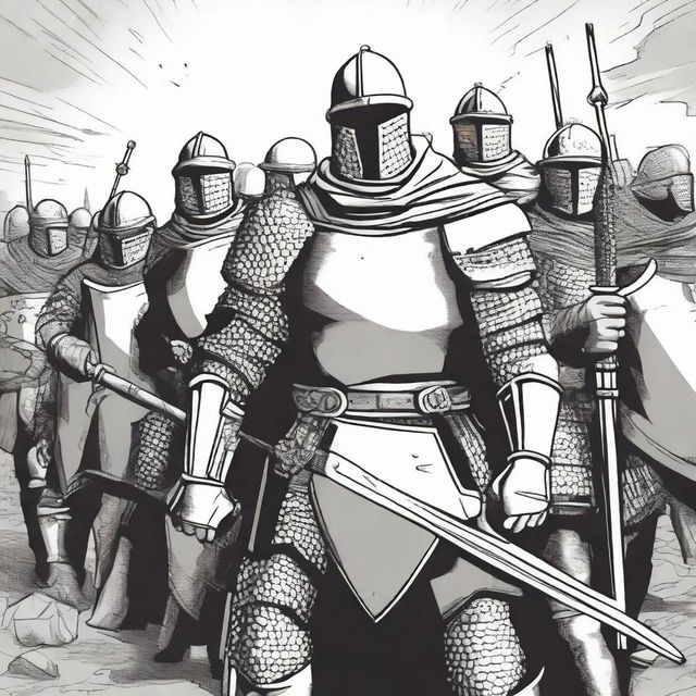 Create an illustration of armed medieval men-at-arms with their faces obscured in a black and white comic book style