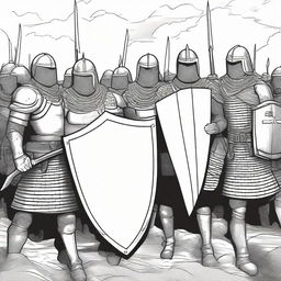 Create an illustration of armed medieval men-at-arms with their faces obscured in a black and white comic book style