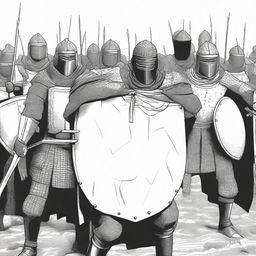 Create an illustration of armed medieval men-at-arms with their faces obscured in a black and white comic book style