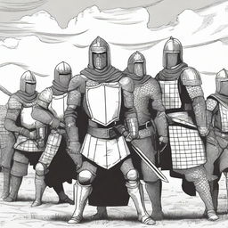 Create an illustration of armed medieval men-at-arms with their faces obscured in a black and white comic book style