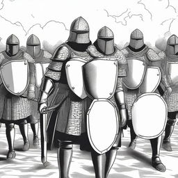 Create an illustration of armed medieval men-at-arms with their faces obscured in a black and white comic book style