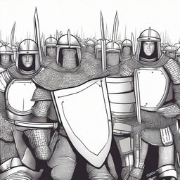 Create an illustration of armed medieval men-at-arms with their faces obscured in a black and white comic book style