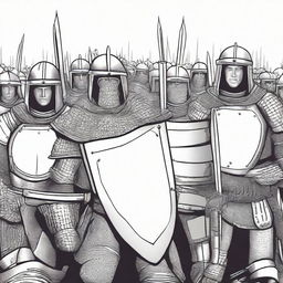 Create an illustration of armed medieval men-at-arms with their faces obscured in a black and white comic book style