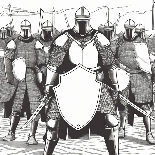 Create an illustration of armed medieval men-at-arms with their faces obscured in a black and white comic book style