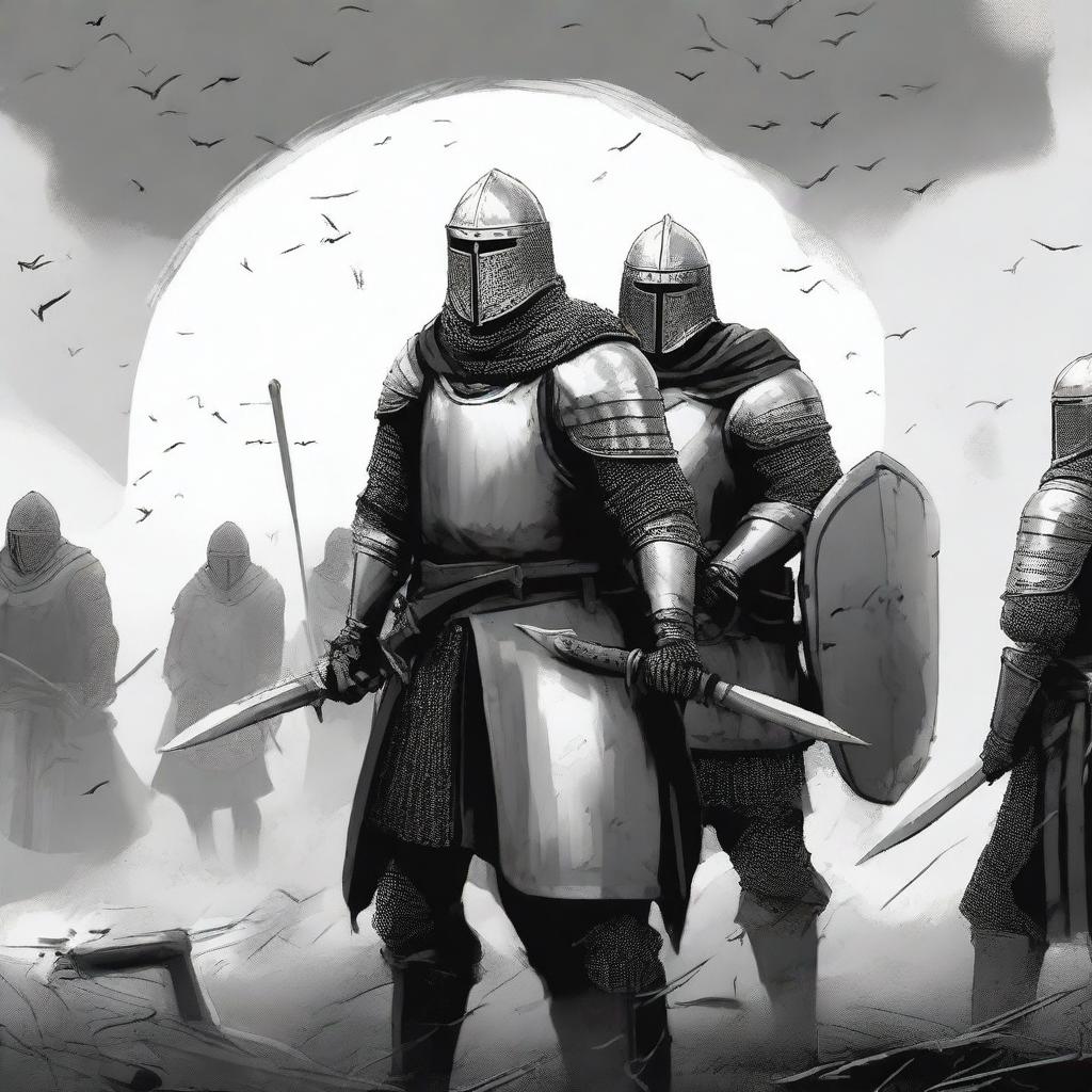 Create an illustration of armed Baltic men-at-arms with their faces obscured in a black and white dark fantasy style