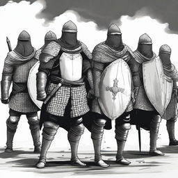 Create an illustration of armed Baltic men-at-arms with their faces obscured in a black and white dark fantasy style