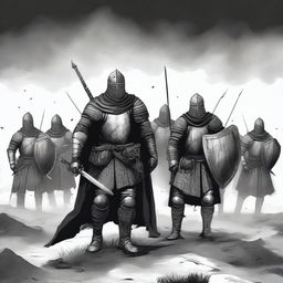 Create an illustration of armed Baltic men-at-arms with their faces obscured in a black and white dark fantasy style