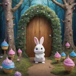 Create an image of a magical forest where Sparkle the bunny stands before a hidden door. Behind it, illustrate a whimsical world with walking trees and flying cupcakes, signalling adventures.