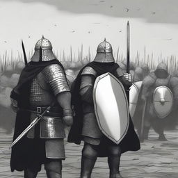 Create an illustration of armed Baltic men-at-arms with their faces obscured in a black and white dark fantasy style