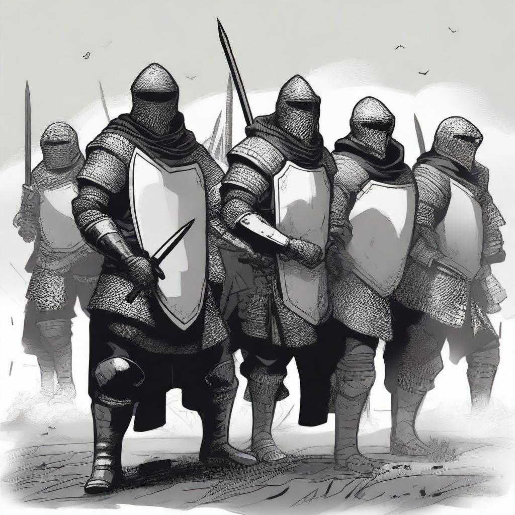 Create an illustration of armed Baltic men-at-arms with their faces obscured in a black and white dark fantasy DND style