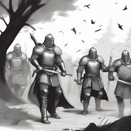 Create an illustration of armed Baltic men-at-arms with their faces obscured in a black and white dark fantasy DND style