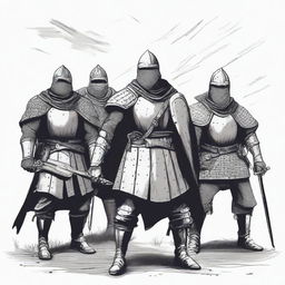 Create an illustration of armed Baltic men-at-arms with their faces obscured in a black and white dark fantasy DND style