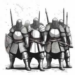 Create an illustration of armed Baltic men-at-arms with their faces obscured in a black and white dark fantasy DND style