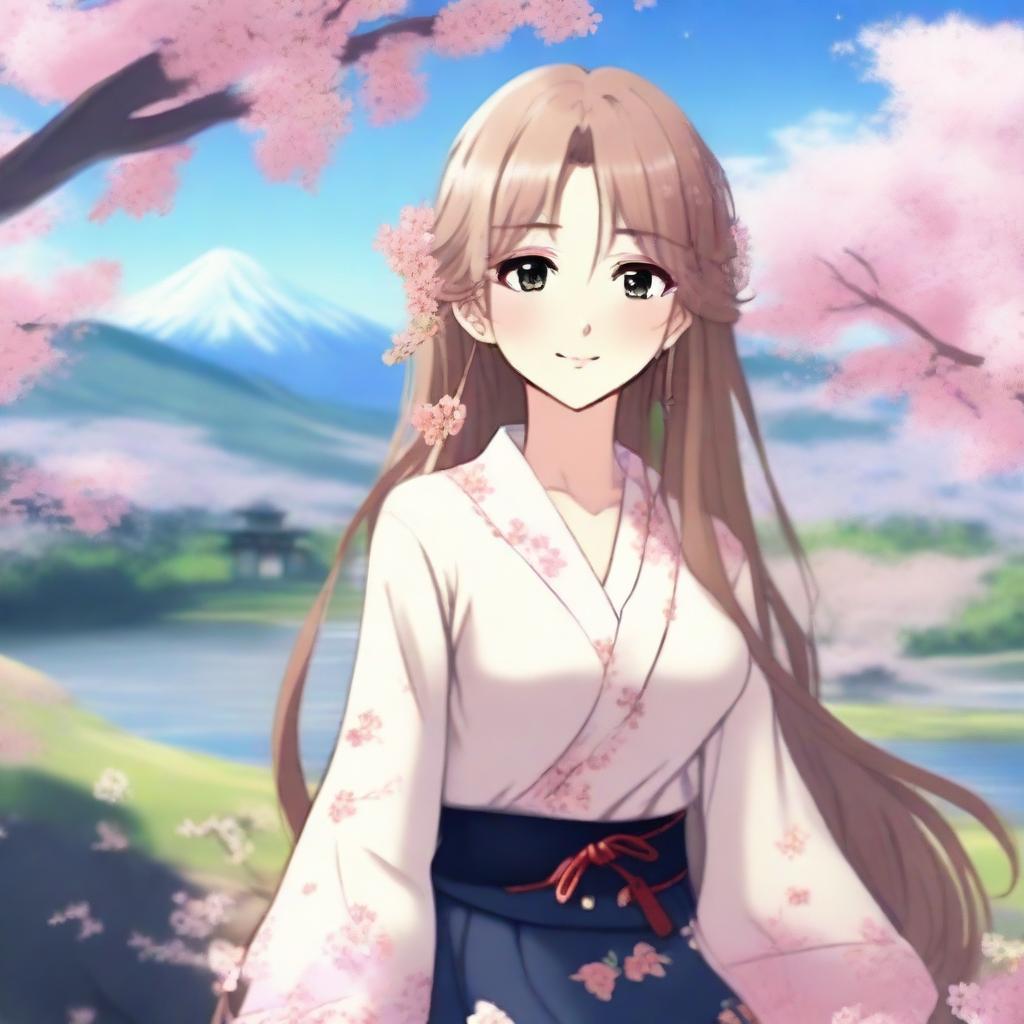 A beautiful anime-style waifu character with long flowing hair, wearing a stylish outfit