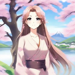 A beautiful anime-style waifu character with long flowing hair, wearing a stylish outfit