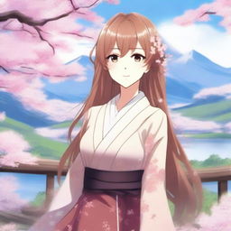 A beautiful anime-style waifu character with long flowing hair, wearing a stylish outfit