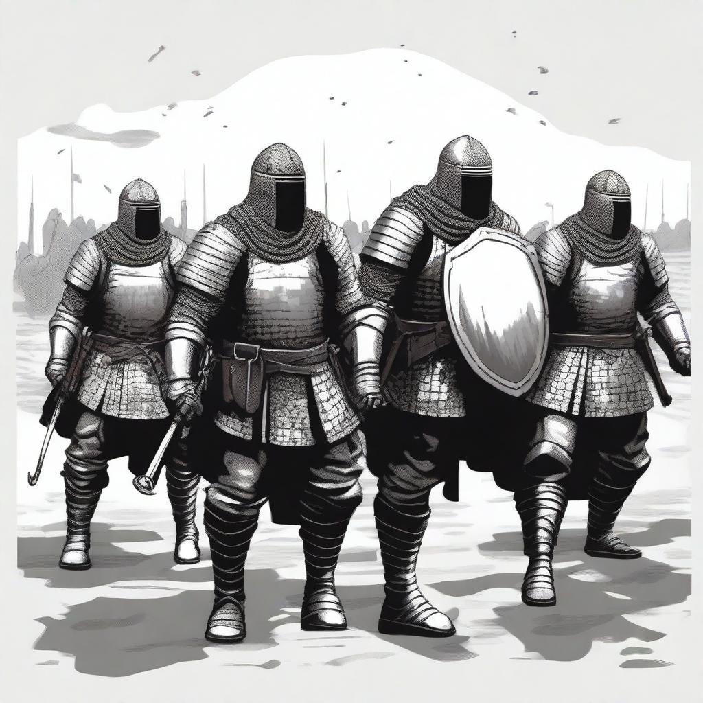 Create an illustration of armed Baltic men-at-arms with their faces obscured in a black and white dark fantasy DND style