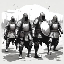 Create an illustration of armed Baltic men-at-arms with their faces obscured in a black and white dark fantasy DND style