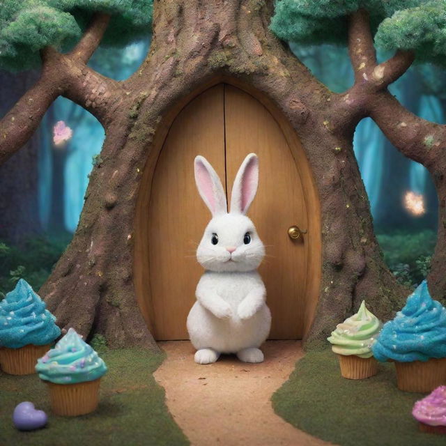 Create an image of a magical forest where Sparkle the bunny stands before a hidden door. Behind it, illustrate a whimsical world with walking trees and flying cupcakes, signalling adventures.