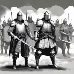 Create an illustration of armed Baltic men-at-arms with their faces obscured in a black and white dark fantasy DND style