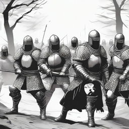 Create an illustration of armed Baltic men-at-arms with their faces obscured in a black and white dark fantasy DND style