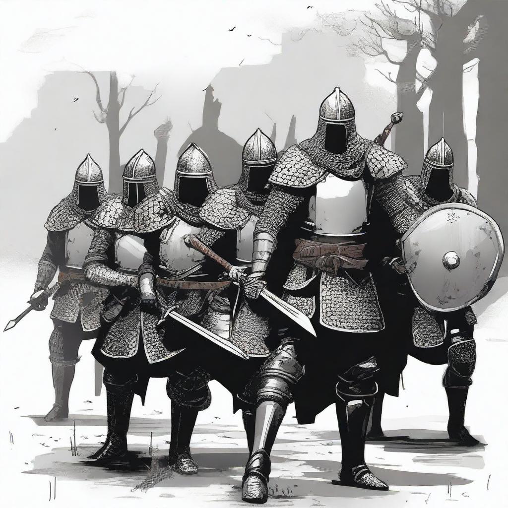 Create an illustration of armed Baltic men-at-arms with their faces obscured in a black and white dark fantasy DND style