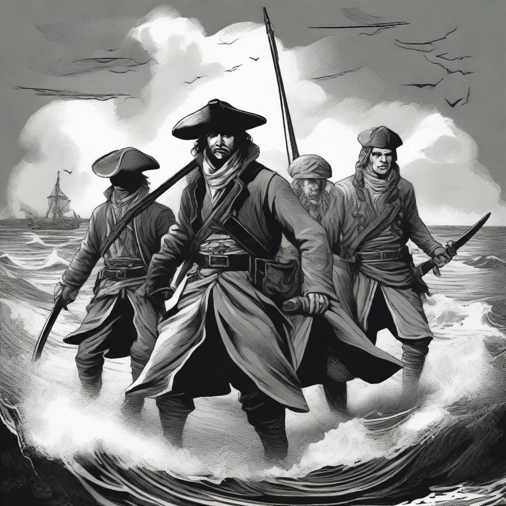 Create an illustration of armed sailors with their faces obscured in a black and white dark fantasy DND style