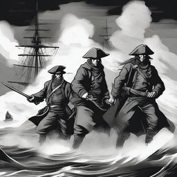 Create an illustration of armed sailors with their faces obscured in a black and white dark fantasy DND style