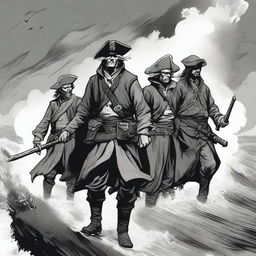 Create an illustration of armed sailors with their faces obscured in a black and white dark fantasy DND style