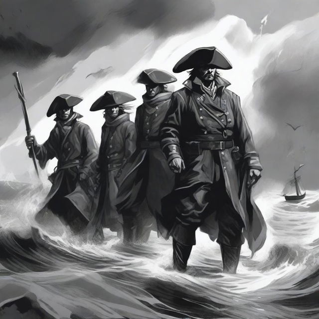 Create an illustration of armed sailors with their faces obscured in a black and white dark fantasy DND style