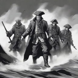 Create an illustration of armed Baltic sailors with their faces obscured in a black and white dark fantasy DND style