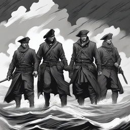 Create an illustration of armed Baltic sailors with their faces obscured in a black and white dark fantasy DND style