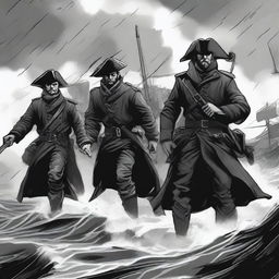 Create an illustration of armed Baltic sailors with their faces obscured in a black and white dark fantasy DND style