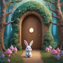 Create an image of a magical forest where Sparkle the bunny stands before a hidden door. Behind it, illustrate a whimsical world with walking trees and flying cupcakes, signalling adventures.