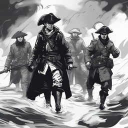 Create an illustration of armed Baltic sailors with their faces obscured in a black and white dark fantasy DND style