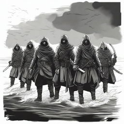 Create an illustration of armed medieval Baltic sailors with their faces obscured in a black and white dark fantasy DND style