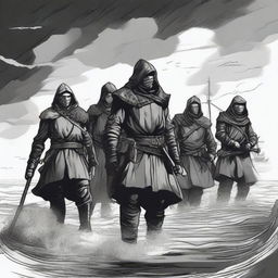 Create an illustration of armed medieval Baltic sailors with their faces obscured in a black and white dark fantasy DND style